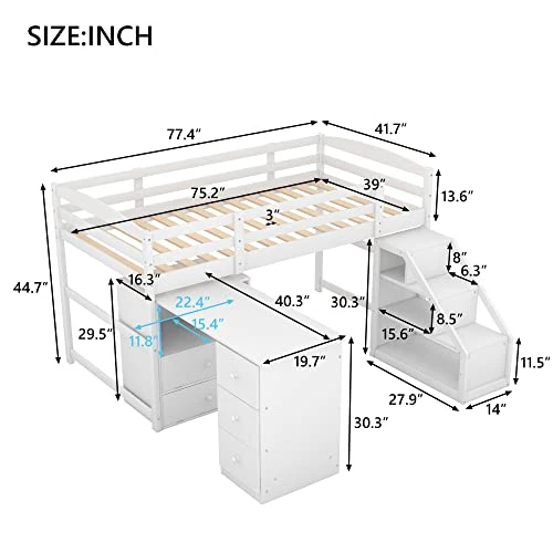GENERIC Twin Size Loft Bed With Multifunctional Movable -in Desk Staircase Full Length Safety Guard Rails For Kids Teens White Modern Contemporary Unisex Nature Space Pine Includes Hardware 1 GENERIC Twin Size Loft Bed With Multifunctional Movable -in Desk Staircase Full Length Safety Guard Rails For Kids Teens White Modern Contemporary Unisex Nature Space Pine Includes Hardware