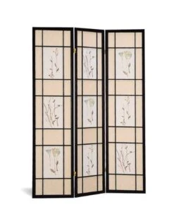 Oriental Style 3 Panel Black Frame Room Screen Divider
