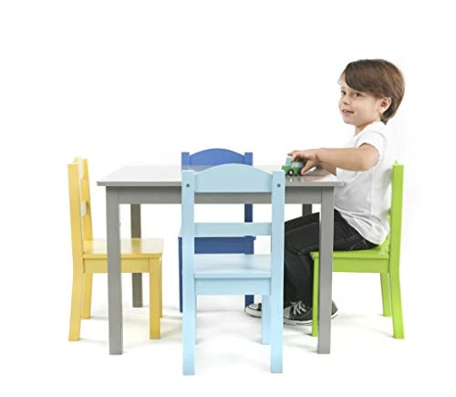 Humble Crew, Grey/Blue/Green/Yellow Kids Wood Table And 4 Chairs Set & Crew Kids Book Rack Storage Bookshelf, Grey/White