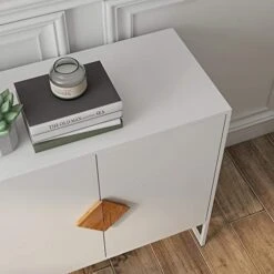 63 Inch Wide Buffet Kitchen Sideboard Storage Cabinet, Floor Cupboard With 4 Doors, Free Standing Accent Cabinet For Living Room, Solid Wood Square Handle Double Storage Sideboard, White -Best Furniture Store 411pFiurRHL