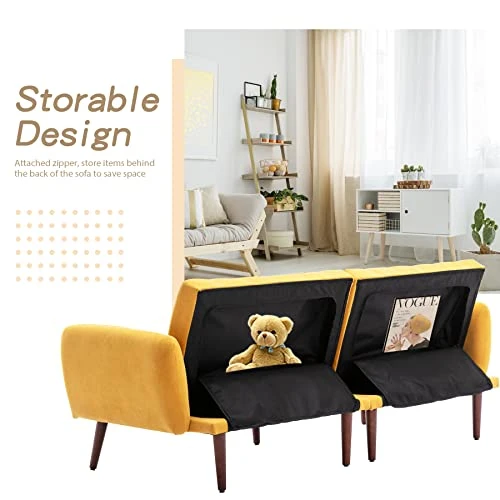 BNEHS Convertible Sofa Bed With Adjustable Backrest,Futon Loveseat Couch Bed With Wooden Frame & Leg - Modern Sleeper Sofa With Storage For Small Living Room,Dorm,Studio(Yellow) 6 BNEHS Convertible Sofa Bed With Adjustable Backrest,Futon Loveseat Couch Bed With Wooden Frame & Leg - Modern Sleeper Sofa With Storage For Small Living Room,Dorm,Studio(Yellow) - Image 6
