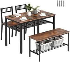 FUIKEING Dining Table Set For 4, Kitchen Table With 2 Chairs And 1 Bench, Dining Table Set With 2 Storage Racks And 4 S-Hooks, Rustic Brown -Best Furniture Store 4123aHdBS9L. AC