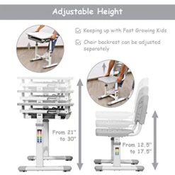 BABY JOY Kids Desk And Chair Set, Height Adjustable Child Desk Set W/Tilt Desktop, Pull Out Drawer Storage, Metal Hook, Multifunctional School Student Study Desk Chair For Boys & Girls (Grey) -Best Furniture Store 412Y7qPothL