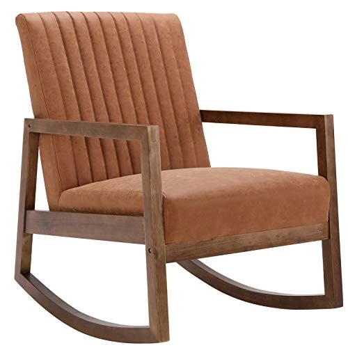HNY Mid Century Rocking Nursery Chair With Wood Frames, Faux Leather Upholstered Farmhouse Living Room Armchair, For Living Room Bedroom, Light Brown 1 HNY Mid Century Rocking Nursery Chair With Wood Frames, Faux Leather Upholstered Farmhouse Living Room Armchair, For Living Room Bedroom, Light Brown