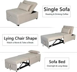 Anwickhomk Modern Folding Ottoman With Adjustable Backrest，Linen Futon Sofa Bed Chair With Memory Foam Headrest，Sleeper Sofa For Small Space，Livingroom，Bedroom，Apartment（Beige） -Best Furniture Store 413ILo3cMdL