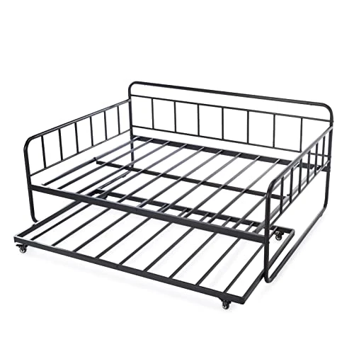 Full Daybed And Twin Size Trundle Bed Frame Set, Steel Slat Support, Black 2 Full Daybed And Twin Size Trundle Bed Frame Set, Steel Slat Support, Black - Image 2