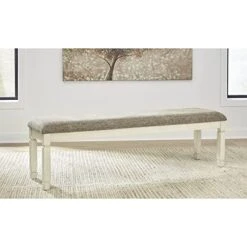 Two-Tone Upholstered Dining Room Bench 65" W X 16" D 20" H Brown Farmhouse Antique White Finish