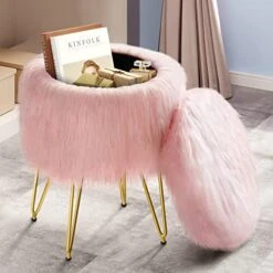 GREENSTELL Vanity Stool Chair With Storage, 15.75" W X 19.29" H Round Faux Fur Ottoman With 4 Metal Legs, Furry Padded Seat, Modern Multifunctional Makeup Stool For Bedroom Living Room Pink -Best Furniture Store 413ns0Xk1EL. AC