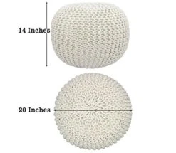 COTTON CRAFT - Hand Knitted Cable Style Dori Pouf - Ivory - Floor Ottoman - Cotton Braid Cord - Handmade & Hand Stitched - Truly One Of A Kind Seating - 20 Dia X 14 High