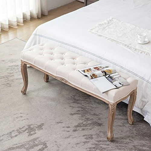 XRHOM Foot Stools Ottoman Entryway Bench Vanity Stool Shoe Bench Upholstered Dining Room Bench Foot Rest With Carved Pattern Solid Rubber Wood Legs For Bedroom, Beige 2 XRHOM Foot Stools Ottoman Entryway Bench Vanity Stool Shoe Bench Upholstered Dining Room Bench Foot Rest With Carved Pattern Solid Rubber Wood Legs For Bedroom, Beige - Image 2