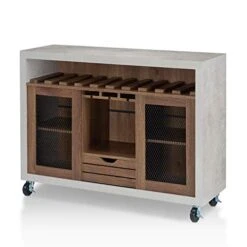 IoHOMES Vesta Industrial Two-Tone Buffet With Wine Bottle Rack, Paneled Cabinets Tiered Shelves, Slatted Drawer, Sideboard With Caster Wheels, Distressed Walnut And Cement -Best Furniture Store 414Ex9g1L1L