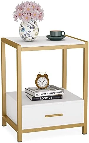 Tribesigns 25 Inch Tall Gold Nightstands With Drawers And Storage Shelf, Modern Bedside Table End Table Side Table For Bedroom, Living Room (1 Pc, Gold And White) 7 Tribesigns 25 Inch Tall Gold Nightstands With Drawers And Storage Shelf, Modern Bedside Table End Table Side Table For Bedroom, Living Room (1 Pc, Gold And White) - Image 7