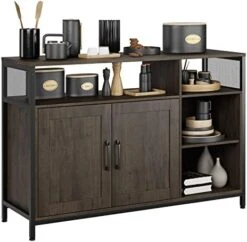 HITHOS Kitchen Buffet Cabinet, Accent Sideboard Buffet With Storage, Wood Floor Storage Cabinet With Doors And Shelves, Industrial Living Room Dining Room Furniture, Dark Brown -Best Furniture Store 414hz4RqK4L. AC