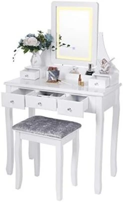 Anity Set With Lighted Mirror, 10 LED Dimmable Bulbs, Cushioned Stool, Makeup Vanity Makeup Table Dressing Table 5 Drawers 2 Dividers Removable Organizers White FST08W 17 Anity Set With Lighted Mirror, 10 LED Dimmable Bulbs, Cushioned Stool, Makeup Vanity Makeup Table Dressing Table 5 Drawers 2 Dividers Removable Organizers White FST08W -Best Furniture Store 414sLSaCivL. AC