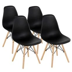GOFLAME DSW Dining Chairs, Shell Plastic Chairs With Wood Legs, Modern Style Armless Chairs For Living Room Kitchen Bedroom, Eiffel DSW Style Side Chairs With Ergonomic Backrest Set Of 4, Black