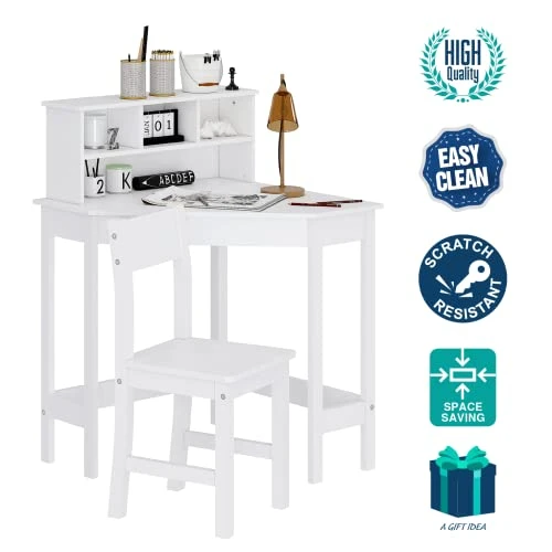 UTEX Kids Desk,Wooden Study Desk With Chair For Children,Writing Desk With Storage And Hutch For Home School Use,White 4 UTEX Kids Desk,Wooden Study Desk With Chair For Children,Writing Desk With Storage And Hutch For Home School Use,White - Image 4