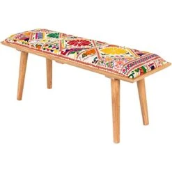Colorful Embroidered Bohemian Bench 18" H X 45" W 15" D Blue Cream Green Geometric Eclectic Transitional Pattern Wood Finish Handmade -Best Furniture Store 415OJ0AnNqL