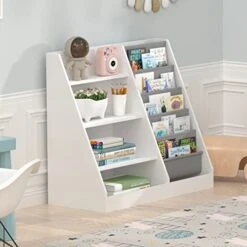White 4 Tier Kids Wooden Bookshelf, Five Layer Sling Bookcase, Kids Storage Book Rack, Book And Toy Organizer Cabinet, Book Display, For Playroom, Bedroom, Study Living Room, Nursery,Classroom -Best Furniture Store 415TWLEPIFL