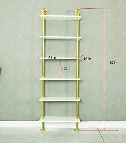 GGO Industrial 6-Tier Pipe Shelves Rustic Wood Ladder Bookshelf Wall Mounted Shelf For Living Room Decor And Storage (Glod) 2 GGO Industrial 6-Tier Pipe Shelves Rustic Wood Ladder Bookshelf Wall Mounted Shelf For Living Room Decor And Storage (Glod) - Image 2