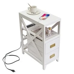 BECTSBEFF Fully Assembled Narrow Side Table With Charging Station, No Assembly Narrow Nightstand With USB Ports, Pre Assembled Skinny End Table With Outlets For Living Room, Bedroom-White
