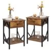 TRINEAR Nightstand Set Of 2, Side End Table With Storage Drawer & Shelf, Wood Bedside Sofa Table For Bedroom, Living Room, Rustic Brown