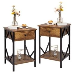 TRINEAR Nightstand Set Of 2, Side End Table With Storage Drawer & Shelf, Wood Bedside Sofa Table For Bedroom, Living Room, Rustic Brown