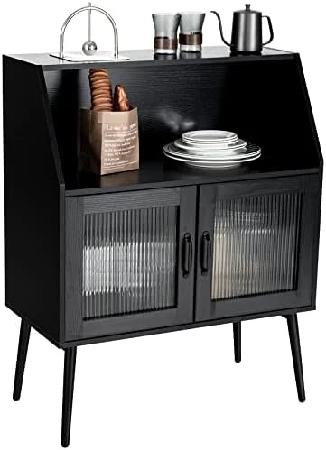 Giantex Buffet Cabinet With Storage, Farmhouse Sideboard With Open Shelves & Tempered Glass Door, Mid Century Free-Standing Kitchen Cupboard For Living Room Hallway, Black 5 Giantex Buffet Cabinet With Storage, Farmhouse Sideboard With Open Shelves & Tempered Glass Door, Mid Century Free-Standing Kitchen Cupboard For Living Room Hallway, Black - Image 5