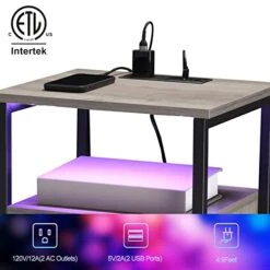 HOSEOKA Grey Nightstand With Charging Station And RGB Lights, Night Stand Rustic End Table With 2 Drawers With USB Ports And Outlets Bedside Tables For Living Room Bedroom Office -Best Furniture Store 416Hrjvk8aL