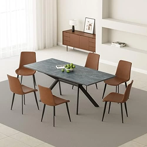 Jiexi Extendable Dining Table Set For 6-8, Rectangular MDF Slate Stone Color Top With 6 Faux Leather Dining, Modern Kitchen Table With Extension Leaf, Extendable 55'' To 71'' For Kitchen Restaurant 11 Jiexi Extendable Dining Table Set For 6-8, Rectangular MDF Slate Stone Color Top With 6 Faux Leather Dining, Modern Kitchen Table With Extension Leaf, Extendable 55'' To 71'' For Kitchen Restaurant - Image 11