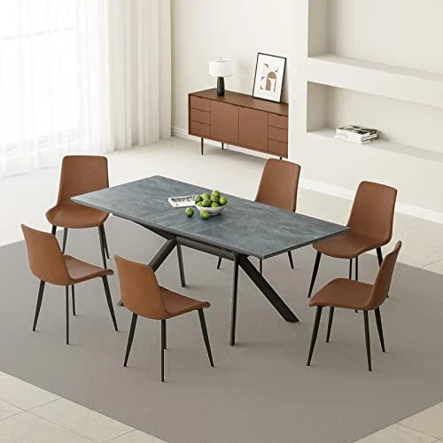 Jiexi Extendable Dining Table Set For 6-8, Rectangular MDF Slate Stone Color Top With 6 Faux Leather Dining, Modern Kitchen Table With Extension Leaf, Extendable 55'' To 71'' For Kitchen Restaurant 1 Jiexi Extendable Dining Table Set For 6-8, Rectangular MDF Slate Stone Color Top With 6 Faux Leather Dining, Modern Kitchen Table With Extension Leaf, Extendable 55'' To 71'' For Kitchen Restaurant