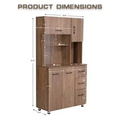 HOMREST Kitchen Buffet Hutch Storage Cabinet, 63'' Freestanding Pantry With Anti-Falling Design, 4 Cabinets & 3 Drawers, Adjustable Shelves And Microwave Space For Dining Room (Brown)