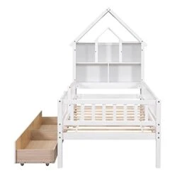 Twin Bed Frame With Storage Drawers, House Twin Platform Bed With Bookcase Headboard, Twin Low Loft Bed With Fence For Kids, Girls, Boys, Teens, No Box Spring Needed (White) -Best Furniture Store 416u7hYWAkL