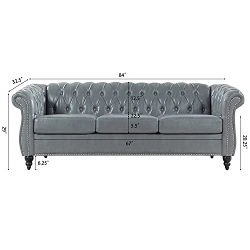 QHITTY Accent Large Sofa, Chesterfield Couch 3 Seater Modern Leather Couch Upholstered Sofa With Tufted Back For Living Room Furniture (Grey) 2 QHITTY Accent Large Sofa, Chesterfield Couch 3 Seater Modern Leather Couch Upholstered Sofa With Tufted Back For Living Room Furniture (Grey) - Image 2
