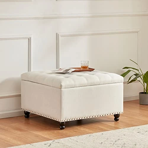 Tbfit Large Square Storage Ottoman Bench, Tufted Upholstered Coffee Table Ottoman With Storage, Oversized Storage Ottomans Toy Box Footrest For Living Room, Cream Beige 4 Tbfit Large Square Storage Ottoman Bench, Tufted Upholstered Coffee Table Ottoman With Storage, Oversized Storage Ottomans Toy Box Footrest For Living Room, Cream Beige - Image 4
