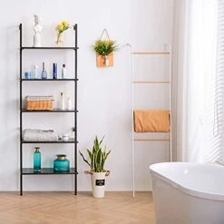 APICIZON 5 Tier Ladder Shelf, Industrial Wall Shelf With Wood Shelves And Stable Metal Frame, Open Wall Mount Bookcases, Display Shelves, Plant Flower Rack For Home Office, Balcony, Bathroom, Black -Best Furniture Store 417CMI8EdqL