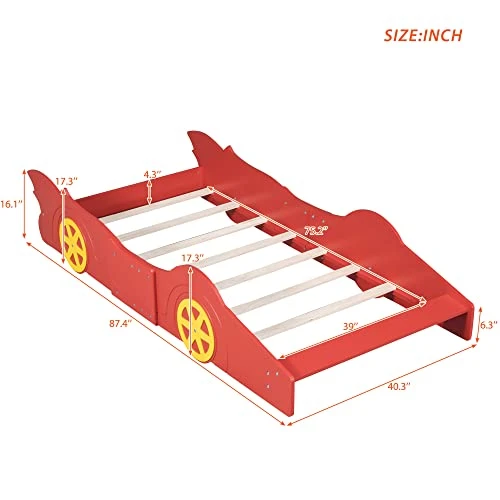 NCKMYB Twin Size Race Car Bed Kid Platform Bed Wooden Floor Bed Car Shaped Toddler Bed Frame For Boy Girl Junior,Red 2 NCKMYB Twin Size Race Car Bed Kid Platform Bed Wooden Floor Bed Car Shaped Toddler Bed Frame For Boy Girl Junior,Red - Image 2