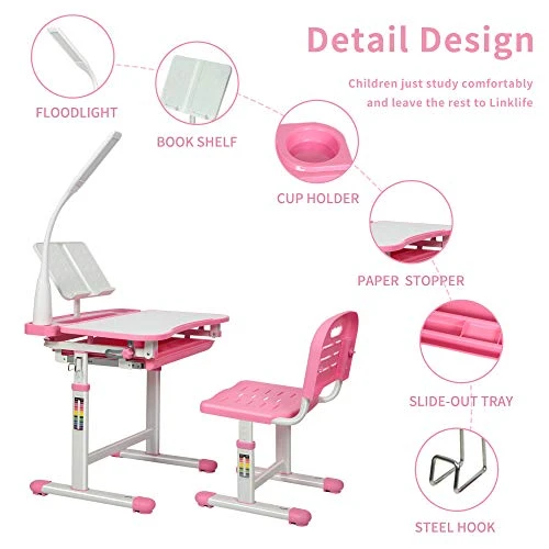 Gowxil Kids Functional Desk And Chair Set, Height Adjustable Children School Study Desk With Tilt Desktop, Bookstand, LED Light, Metal Hook And Storage Drawer For Boys Girls 4 Gowxil Kids Functional Desk And Chair Set, Height Adjustable Children School Study Desk With Tilt Desktop, Bookstand, LED Light, Metal Hook And Storage Drawer For Boys Girls - Image 4
