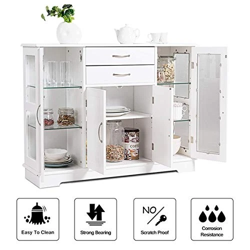 Giantex Sideboard Buffet Server Storage Cabinet W/ 2 Drawers, 3 Cabinets And Glass Doors For Kitchen Dining Room Furniture Cupboard Console Table (White) 4 Giantex Sideboard Buffet Server Storage Cabinet W/ 2 Drawers, 3 Cabinets And Glass Doors For Kitchen Dining Room Furniture Cupboard Console Table (White) - Image 4