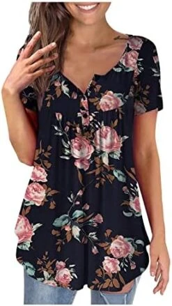 Going Out Tops For Women Floral Printed Hide Belly Tunic Blouses Casual V Neck Buttons Pullover Short Sleeve T-Shirts -Best Furniture Store 417dLZy4WCL. AC