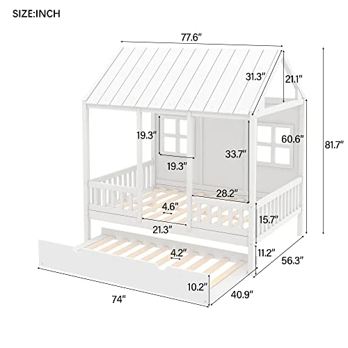 Jmaxo Full House Bed With Trundle,House Bed For Kids,Wooden Platform Bed Frame With Headboard And Roof,for Girls Boys(Full Size,White) 2 Jmaxo Full House Bed With Trundle,House Bed For Kids,Wooden Platform Bed Frame With Headboard And Roof,for Girls Boys(Full Size,White) - Image 2