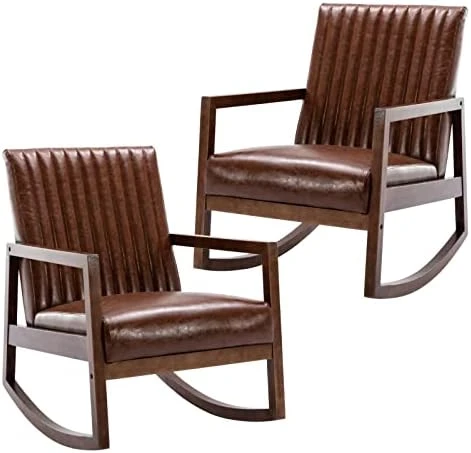 HNY Mid Century Rocking Nursery Chair With Wood Frames, Faux Leather Upholstered Farmhouse Living Room Armchair, For Living Room Bedroom, Light Brown 8 HNY Mid Century Rocking Nursery Chair With Wood Frames, Faux Leather Upholstered Farmhouse Living Room Armchair, For Living Room Bedroom, Light Brown - Image 8