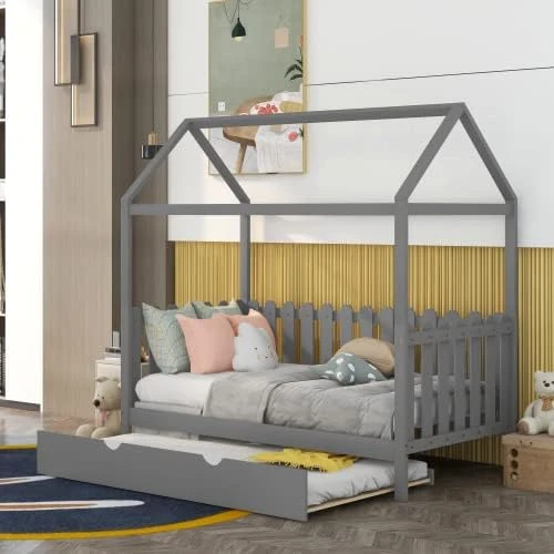 Harper & Bright Designs Twin House Bed With Trundle Bed, Wood Twin Size Daybed For Girls Boys,Kids Platform Bed Frame With Roof Twin Cabin Bed For Bedroom,Pink+White 15 Harper & Bright Designs Twin House Bed With Trundle Bed, Wood Twin Size Daybed For Girls Boys,Kids Platform Bed Frame With Roof Twin Cabin Bed For Bedroom,Pink+White - Image 15