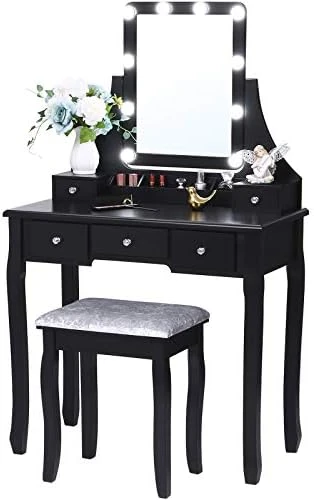 Anity Set With Lighted Mirror, 10 LED Dimmable Bulbs, Cushioned Stool, Makeup Vanity Makeup Table Dressing Table 5 Drawers 2 Dividers Removable Organizers White FST08W 6 Anity Set With Lighted Mirror, 10 LED Dimmable Bulbs, Cushioned Stool, Makeup Vanity Makeup Table Dressing Table 5 Drawers 2 Dividers Removable Organizers White FST08W - Image 6