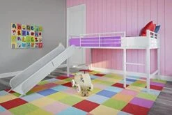Junior Twin Metal Loft Bed With Slide, Multifunctional Design, White With White Slide -Best Furniture Store 41821hEC8uL. AC