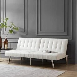 Naomi Home White Futon Sofa Bed, Faux Leather Futon Couch With Armrest And 2 Cupholders, Pull Out Sofa Bed Couch With Metal Legs, Reclining Small Couch Bed, White Futon Sofa Bed For Living Room -Best Furniture Store 418O7Bt9FuL. AC