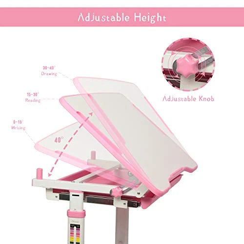 Diroan Kids Multifunctional Desk And Chair Set, Height Adjustable Children School Study Desk With Tilt Desktop, Metal Hook And Storage Drawer For Boys Girls (Pink) 4 Diroan Kids Multifunctional Desk And Chair Set, Height Adjustable Children School Study Desk With Tilt Desktop, Metal Hook And Storage Drawer For Boys Girls (Pink) - Image 4