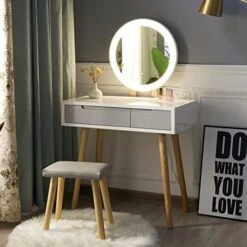 Anity Table Set With Adjustable Brightness Mirror And Cushioned Stool, Dressing Table Vanity Makeup Table With Free Make-up Organizer -Best Furniture Store 418hKRhQpbL. AC