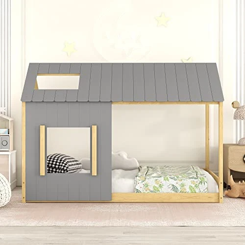 HZSSDTKJ Twin Size Low Wood House Bed With Roof And Window,Wooden Floor Platform Bed Frame With Wood Slats Support,Playhouse Design For Kids Girls Boys Teens Bedroom Furniture (Gray+Natural, Twin) 3 HZSSDTKJ Twin Size Low Wood House Bed With Roof And Window,Wooden Floor Platform Bed Frame With Wood Slats Support,Playhouse Design For Kids Girls Boys Teens Bedroom Furniture (Gray+Natural, Twin) - Image 3