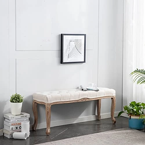 XRHOM Foot Stools Ottoman Entryway Bench Vanity Stool Shoe Bench Upholstered Dining Room Bench Foot Rest With Carved Pattern Solid Rubber Wood Legs For Bedroom, Beige 6 XRHOM Foot Stools Ottoman Entryway Bench Vanity Stool Shoe Bench Upholstered Dining Room Bench Foot Rest With Carved Pattern Solid Rubber Wood Legs For Bedroom, Beige - Image 6