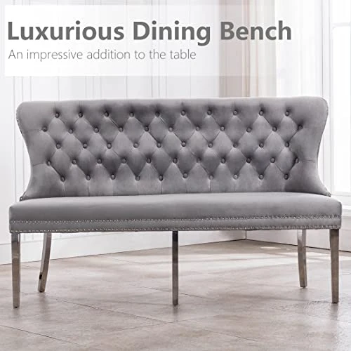 UDAX Velvet Bench With Back, Upholstered Armless Couch Settee With Button Tufted Backrest Nailhead Around, Light Grey 2 UDAX Velvet Bench With Back, Upholstered Armless Couch Settee With Button Tufted Backrest Nailhead Around, Light Grey - Image 2